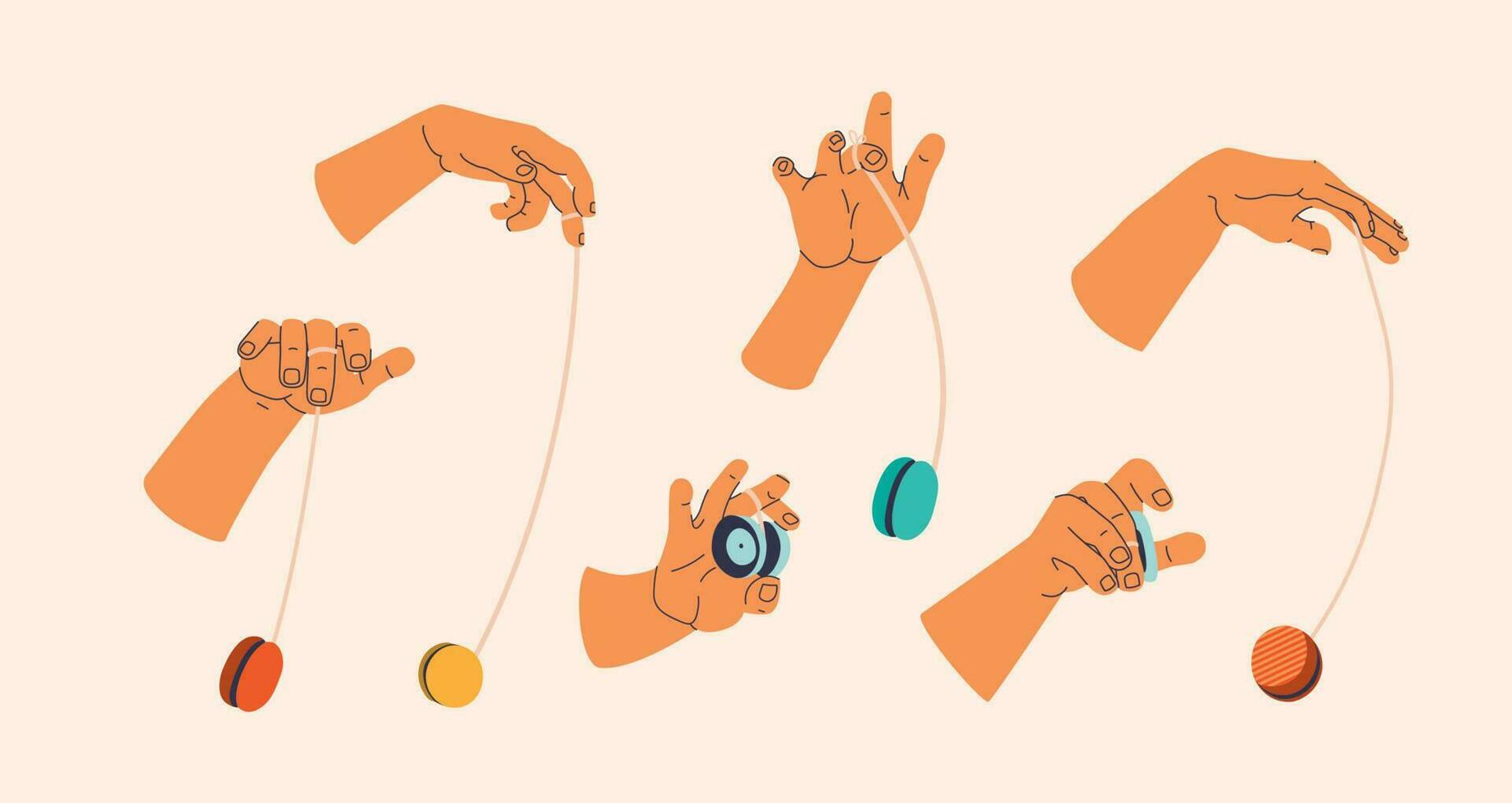 jojo speelgoed. groot reeks van handen in divers poses spelen jojo. vector geïsoleerd elementen.