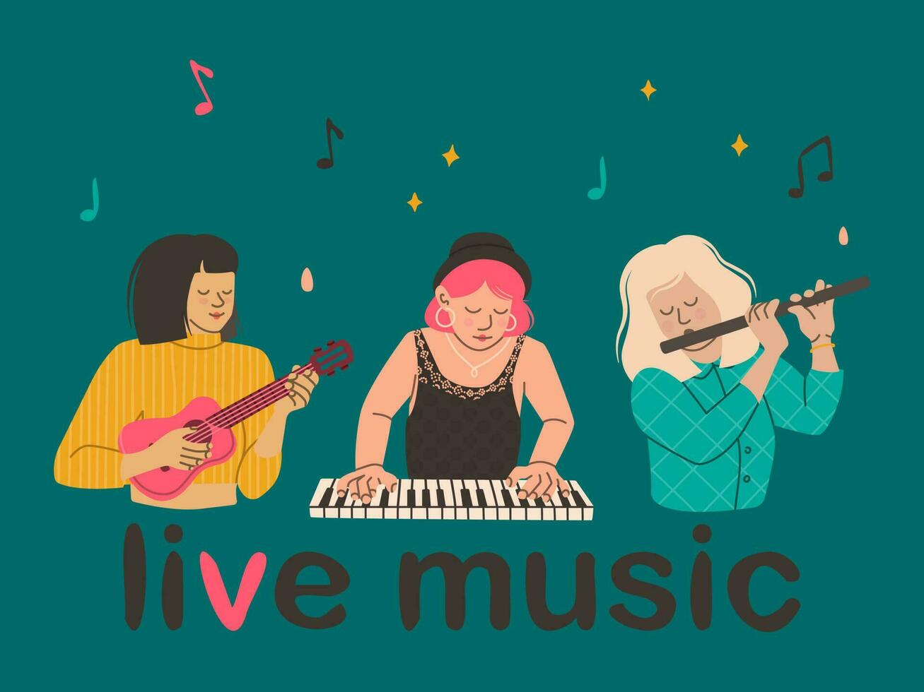 belettering leven muziek- en Dames muzikanten. vector illustratie voor uitnodiging, groet kaart of banier van de festival.