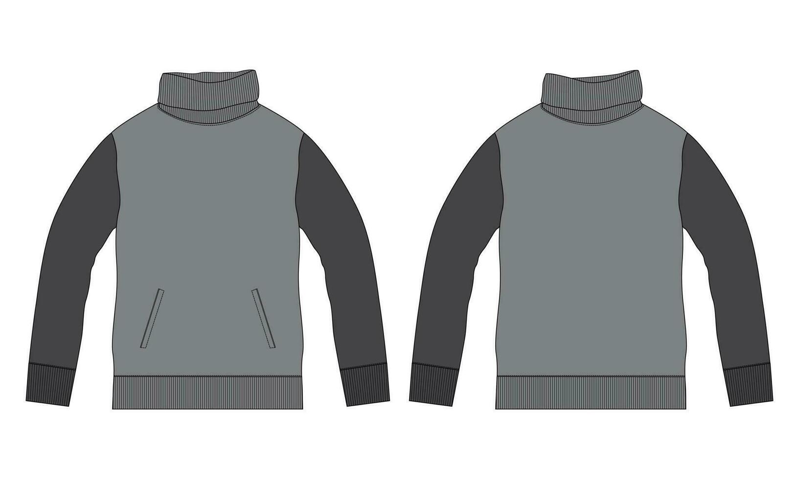 twee toon kleur sweater met staan omhoog halsband technisch tekening mode vlak schetsen vector illustratie sjabloon voorkant en terug keer bekeken geïsoleerd Aan wit achtergrond