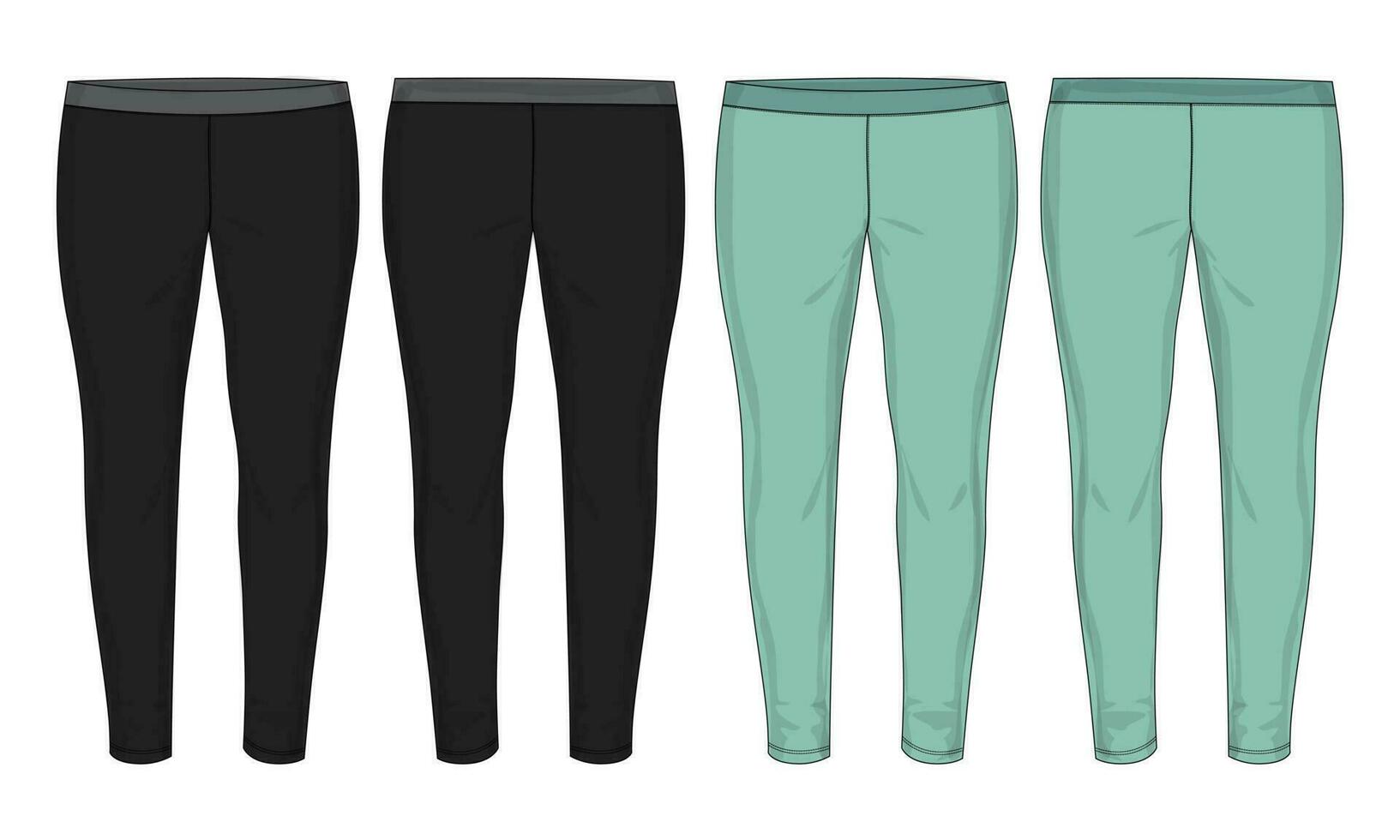 leggings broek mode vlak schetsen vector illustratie zwart en groen kleur sjabloon voorkant en terug visie geïsoleerd Aan wit achtergrond. meisjes lang legging bespotten omhoog voor vrouwen unisex