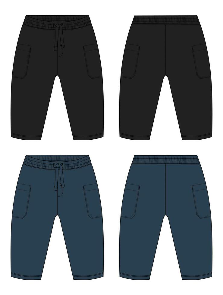 fleece katoen Jersey eenvoudig zweet hijgen technisch tekening mode vlak schetsen sjabloon voorkant en terug keer bekeken. kleding jogger broek vector illustratie zwart en marine blauw kleur bespotten omhoog voor kinderen en jongens.