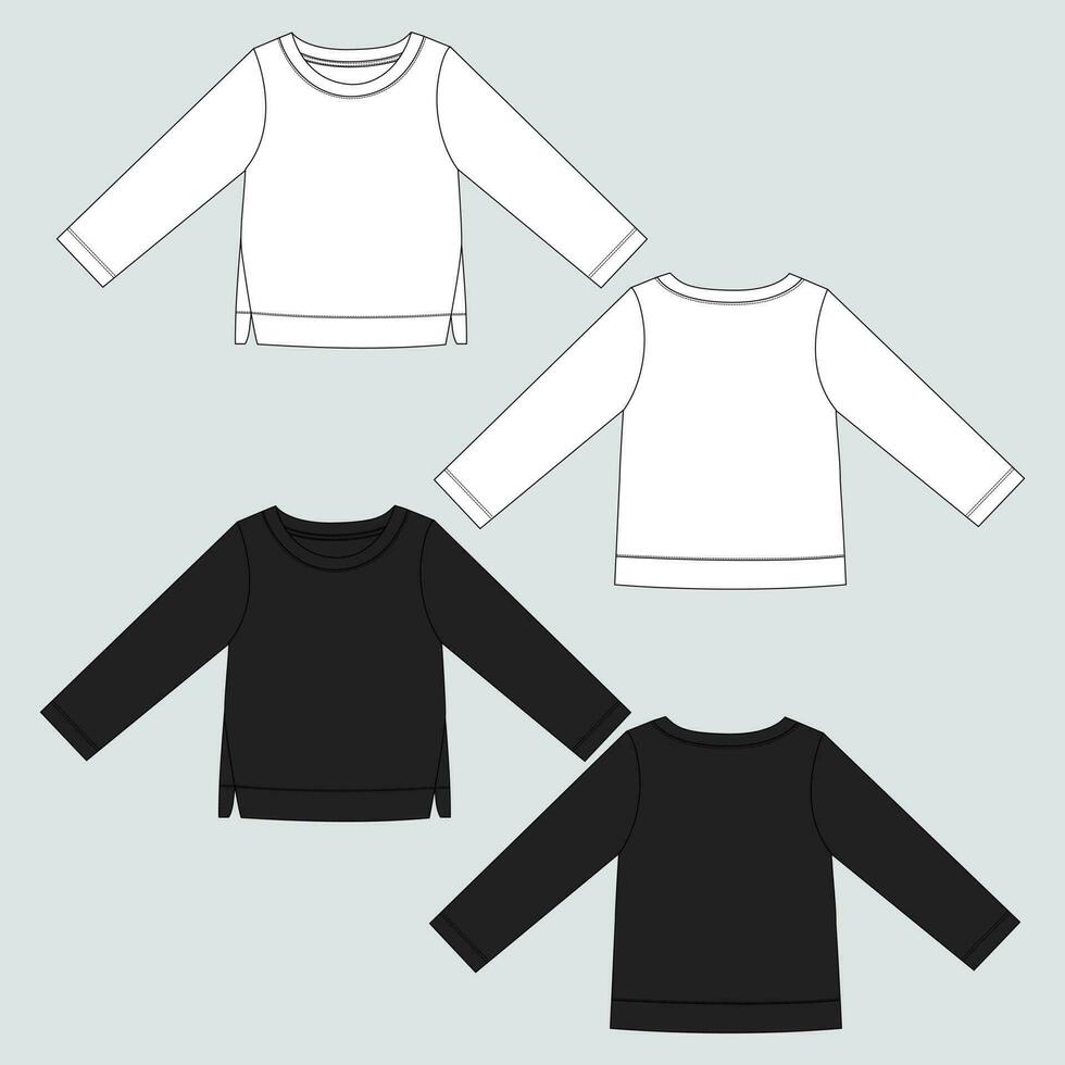 lang mouw t overhemd blouse tops technisch tekening mode vlak schetsen vector illustratie zwart en wit kleur sjabloon voor vrouwen.