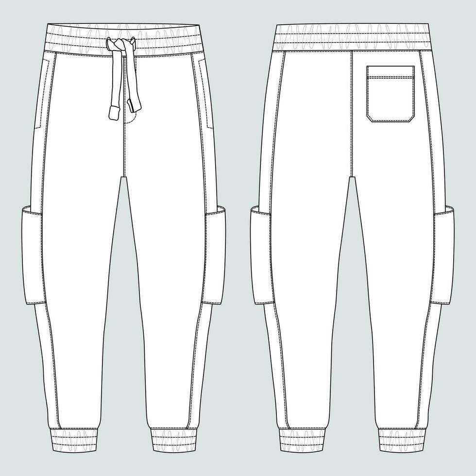 fleece kleding stof jogger joggingbroek algemeen technisch mode vlak schetsen vector illustratie sjabloon voorkant, terug keer bekeken