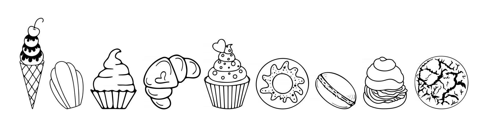 verzameling van doodle snoepjes en desserts eenvoudige pictogrammen vector