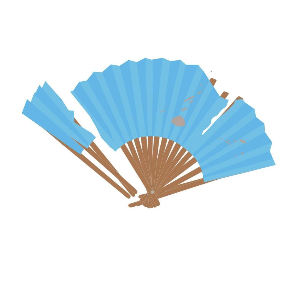 hand- ventilator vector in blauw. blauw hand- papier vouwen ventilator vector geïsoleerd Aan wit achtergrond. gescheurd papier hand- ventilator vector illustratie. tekenfilm stijl. gebroken traditioneel hand- fan.