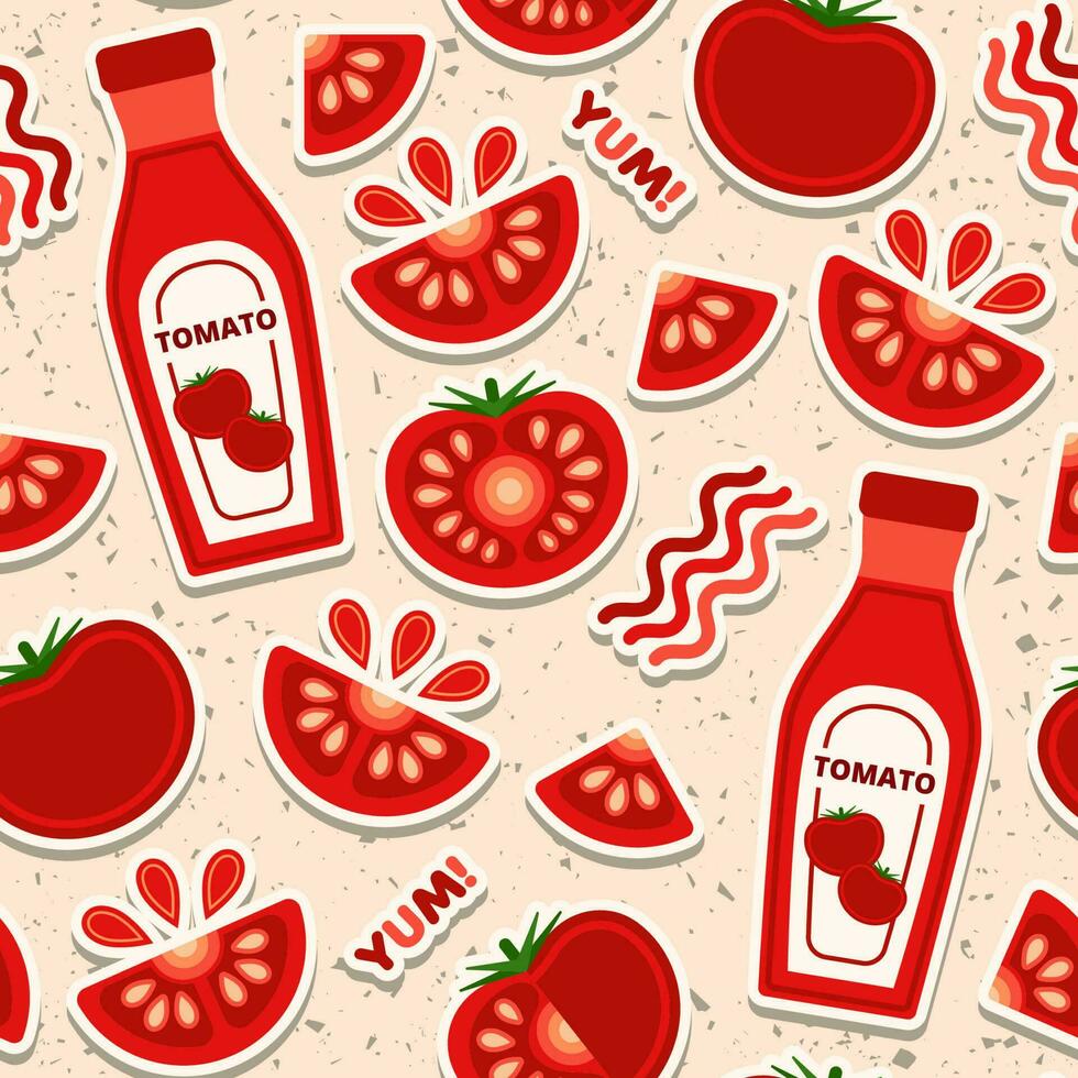 tomaat naadloos patroon met ontwerp elementen in gemakkelijk meetkundig stijl. ketchup fles, tomaat plakjes, druppels. mooi zo voor branding, decoratie van voedsel pakket, Hoes ontwerp, decoratief afdrukken, achtergrond vector