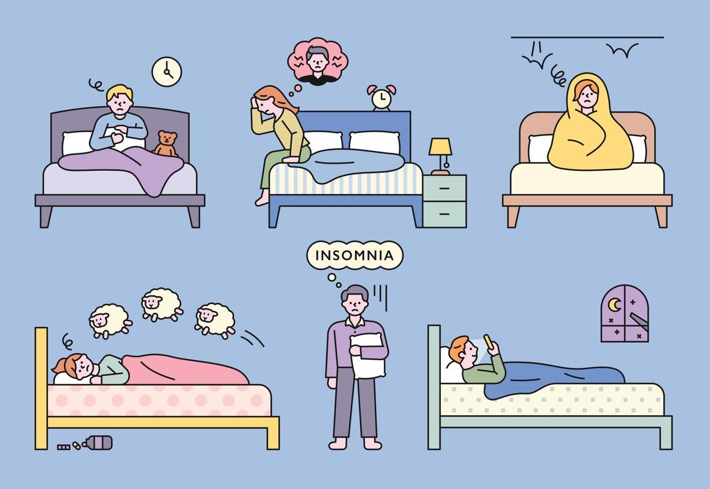 mensen die aan slapeloosheid lijden als gevolg van verschillende problemen vector
