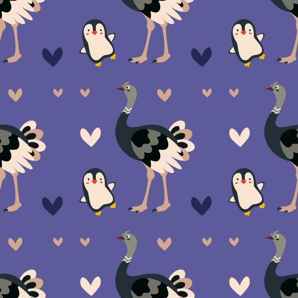 patroon met pinguïn, struisvogel vogel. vector