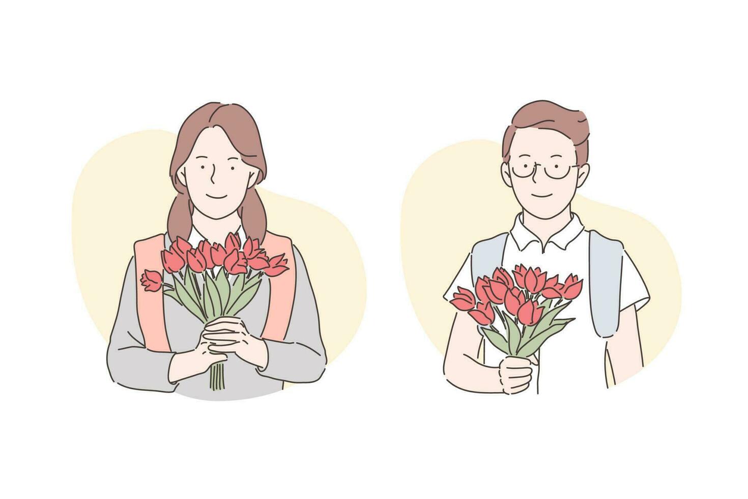 vakantie, gefeliciteerd, Cadeau concept. gezelligheid, feestelijk stemming, positief emoties, romantisch atmosfeer, jong Mens en vrouw met bloem boeketten, mensen met rood tulpen. gemakkelijk vlak vector