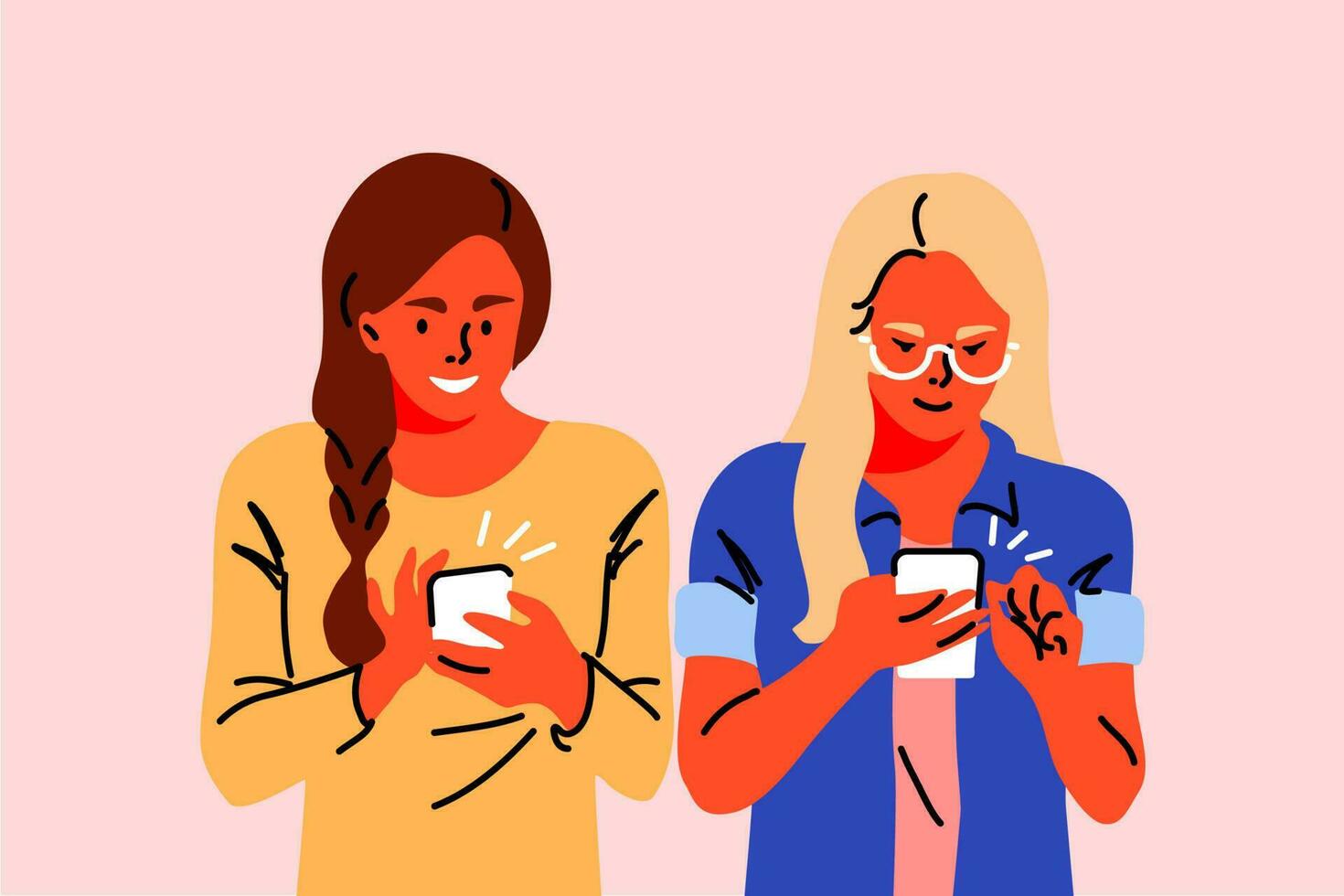 communicatie, technologie, sociaal media, vriendschap concept. Dames meisjes tieners vrienden chatten samen in sociaal netwerk met smartphones. jeugd cultuur modern levensstijl mobiel telefoon verslaving. vector