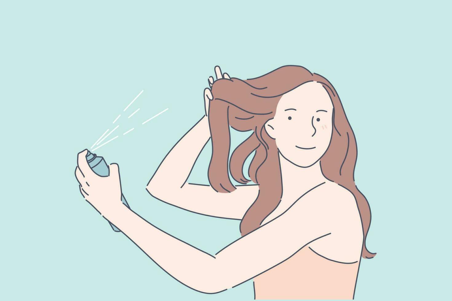 maken kapsel, haar- volume, schoonheid procedure concept. jong dame gebruik makend van haar- spuiten. mooi vrouw, model- demonstreren haarlak, droog shampoo efficiëntie. schoonheid industrie Product. gemakkelijk vlak vector