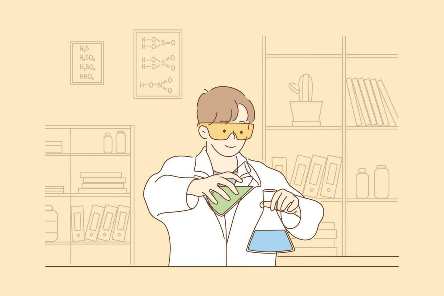 wetenschap, chemie, experiment concept. jong gelukkig Mens geleerde medisch arbeider maakt chemisch reactie met reagentia in laboratorium. wetenschappelijk testen, academisch Onderzoek of vaccin creatie illustratie. vector