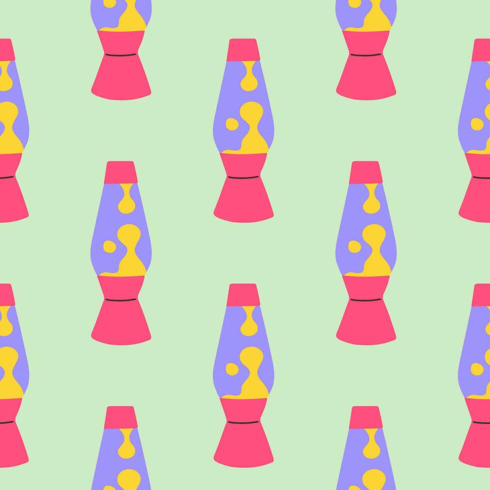 90s naadloos patroon met lava lamp. vector achtergrond met stickers, pinnen, patches in tekenfilm 80s 90s knal kunst grappig stijl.