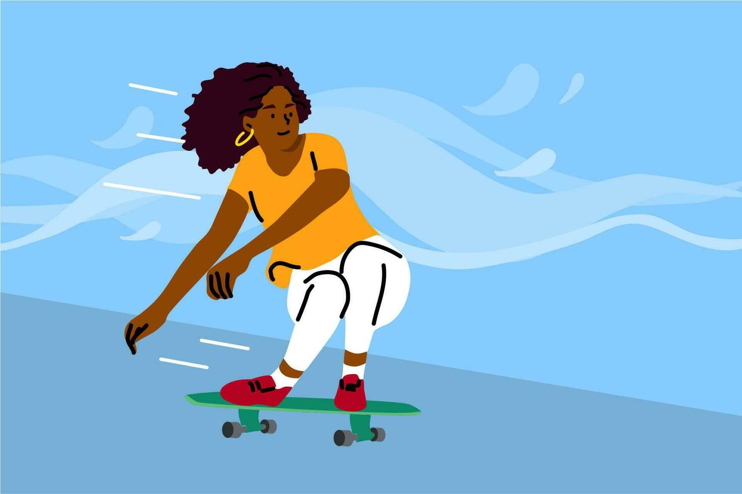 skateboarden, sport, recreatie, zomertijd concept. jong Afrikaanse Amerikaans vrouw meisje tiener atleet karakter rijden skateboard en het uitvoeren van trucs. actief zomer extreem levensstijl illustratie vector