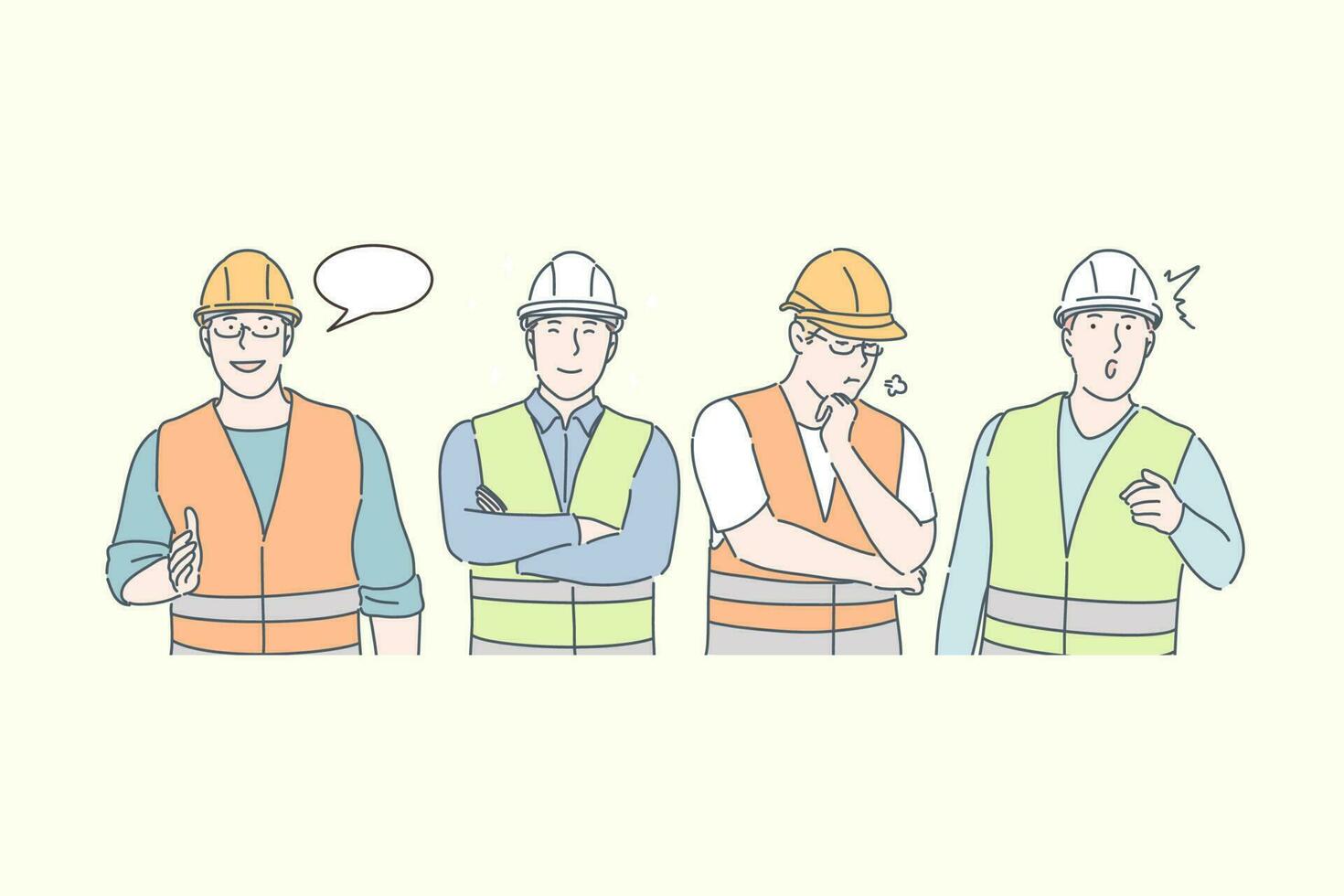 bouw ingenieur werk, gedachten en ideeën, verschillend emoties concept. gebouw industrie, arbeiders in helmen en uniform, mannen in werk kleren, mensen in divers poseert. gemakkelijk vlak vector