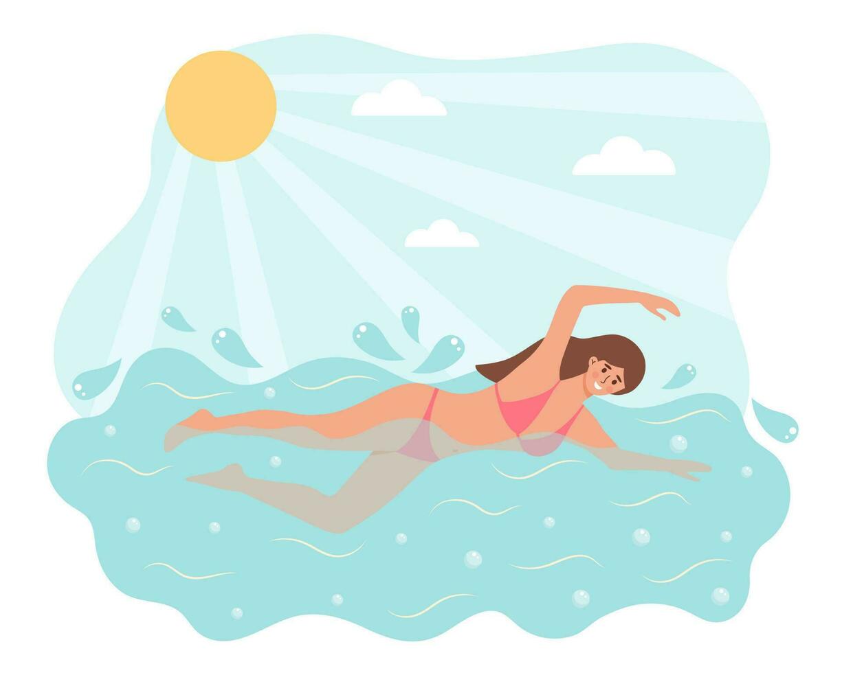 vrouw in bikini is zwemmen buiten. zomer vakantie, ontspanning, recreatie, gezond levensstijl, aqua geschiktheid concept. vector
