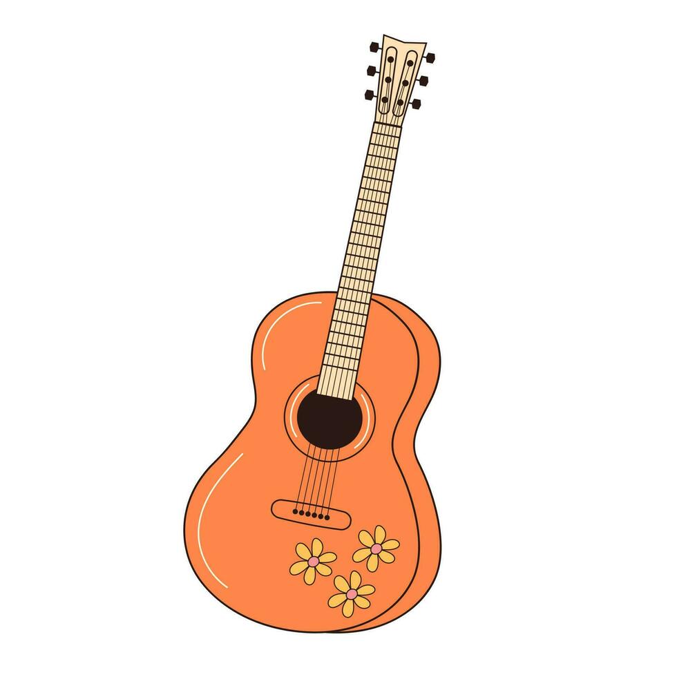 hippie gitaar met bloemen ornament. wijnoogst retro musical instrument. vector illustratie geïsoleerd Aan wit achtergrond.