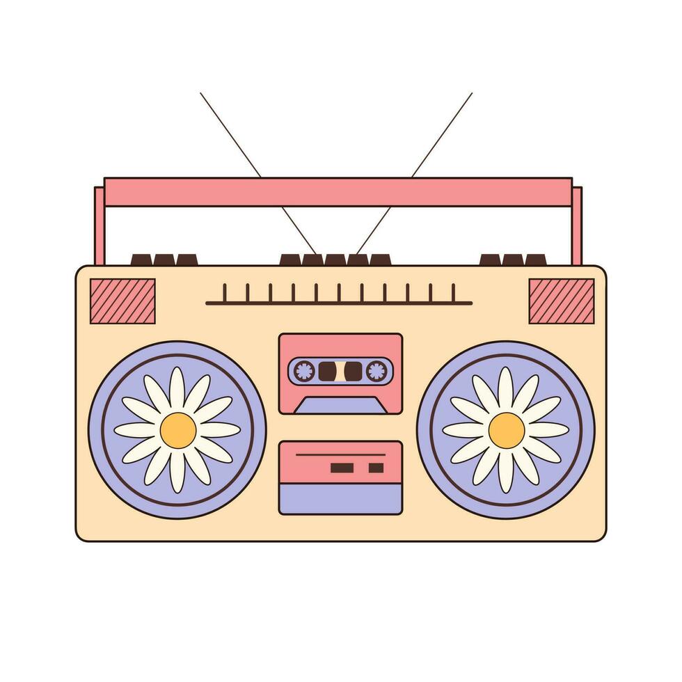 retro hippie plakband recorder. wijnoogst musical boom doos met madeliefjes. vector illustratie geïsoleerd Aan wit achtergrond.