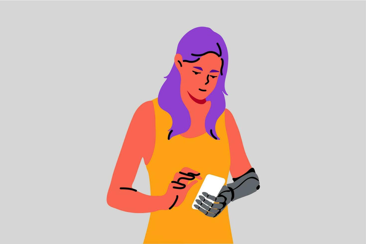 technologie, communicatie, blessure, cybernetica, geneeskunde concept. jong vrouw of meisje gebruik makend van smartphone voor chatten online met robot hand. vervangen lichaam een deel voor normaal leven illustratie vector