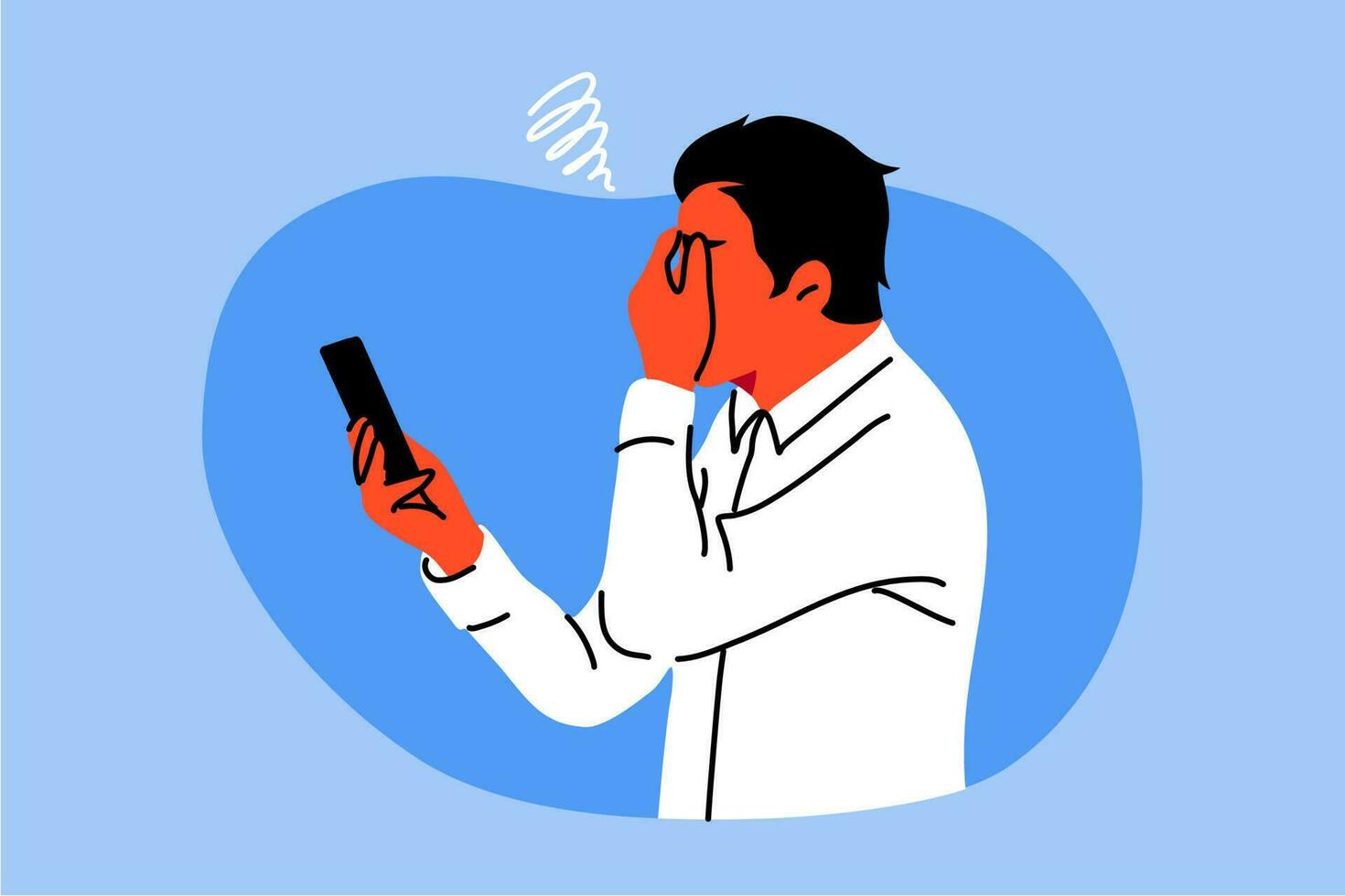 depressie, vermoeidheid, mentaal spanning, frustratie concept. jong depressief gefrustreerd stressvol zakenman klerk manager Holding smartphone. psychologisch problemen of hoofdpijn en slecht nieuws illustratie vector