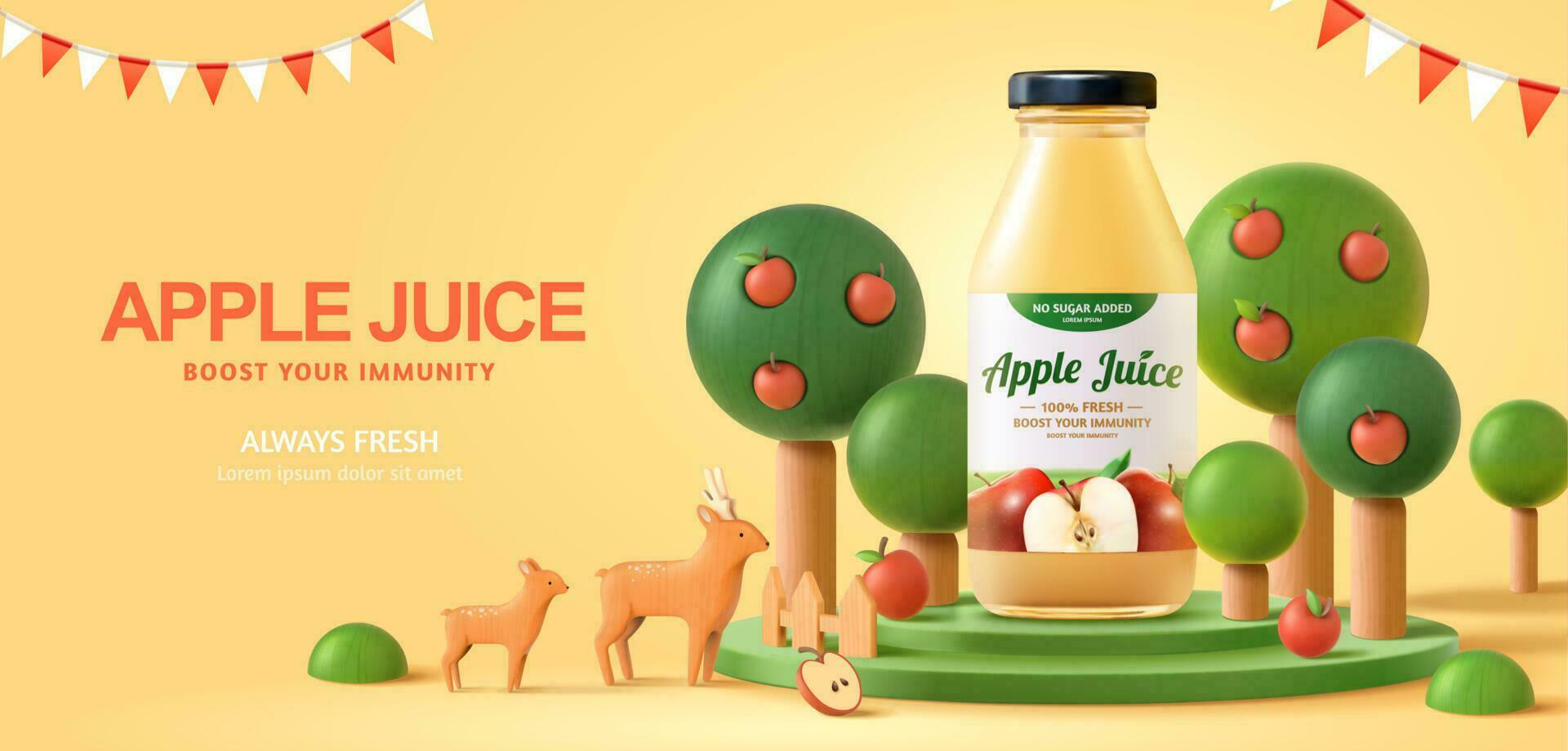 vers appel sap advertentie in 3d illustratie, realistisch fles met appel bomen in de omgeving van en houten speelgoed- herten over- een geel achtergrond vector