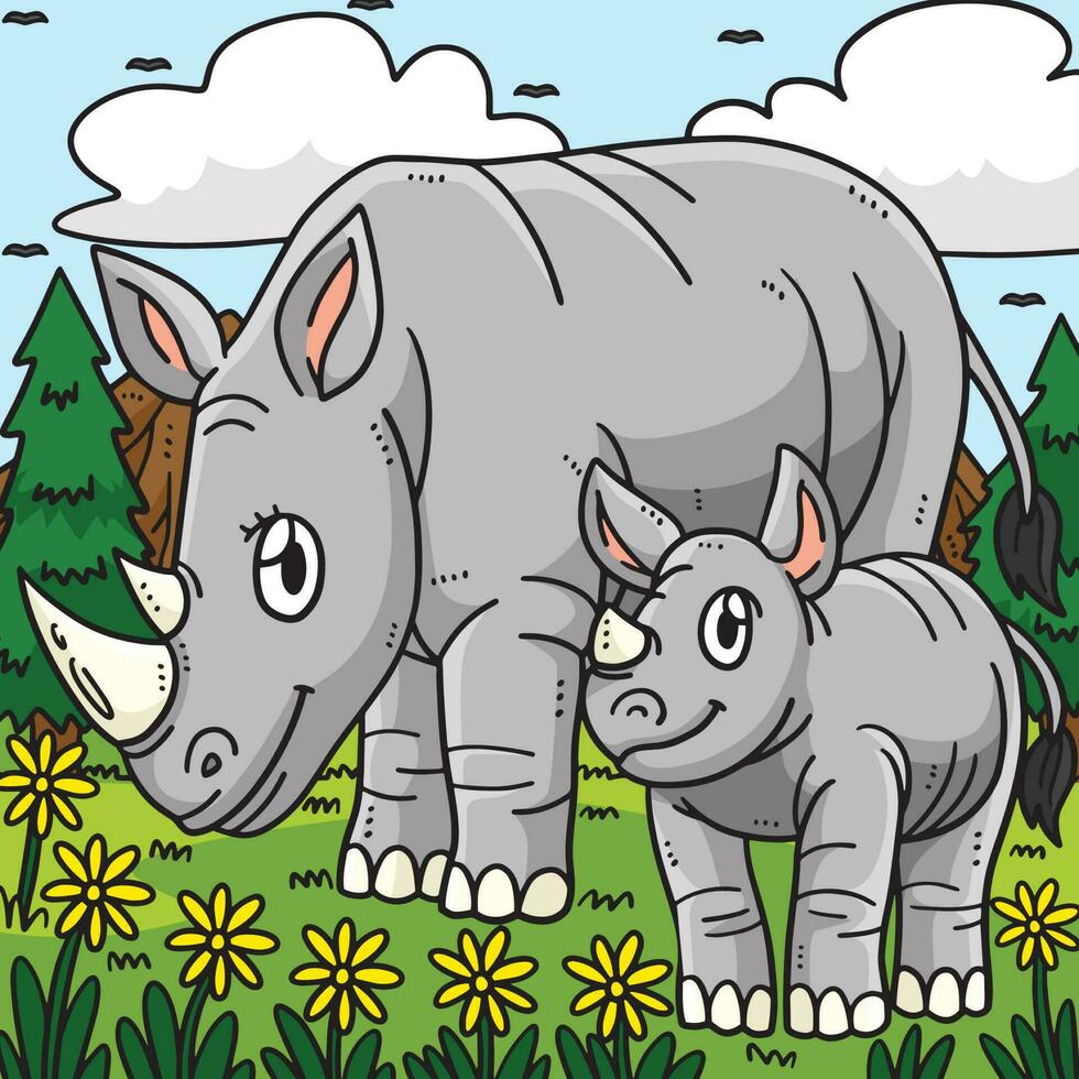 moeder neushoorn en baby neushoorn gekleurde tekenfilm vector