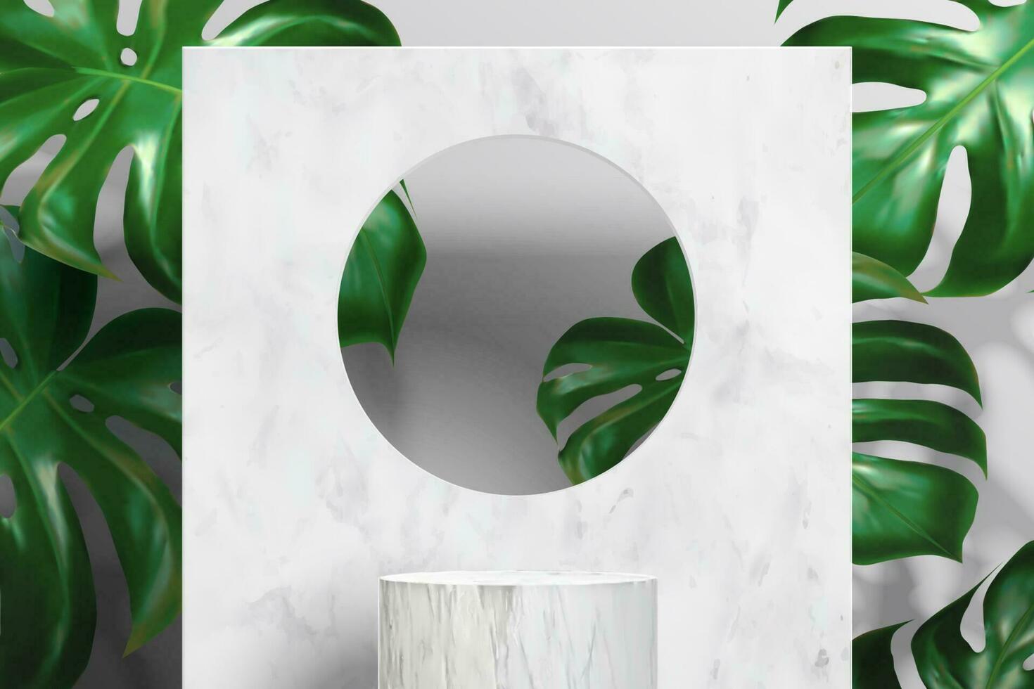 wit marmeren stadium ontwerp voor Product Scherm met tropisch bladeren. minimalistisch stadium voor Product Scherm in 3d illustratie vector