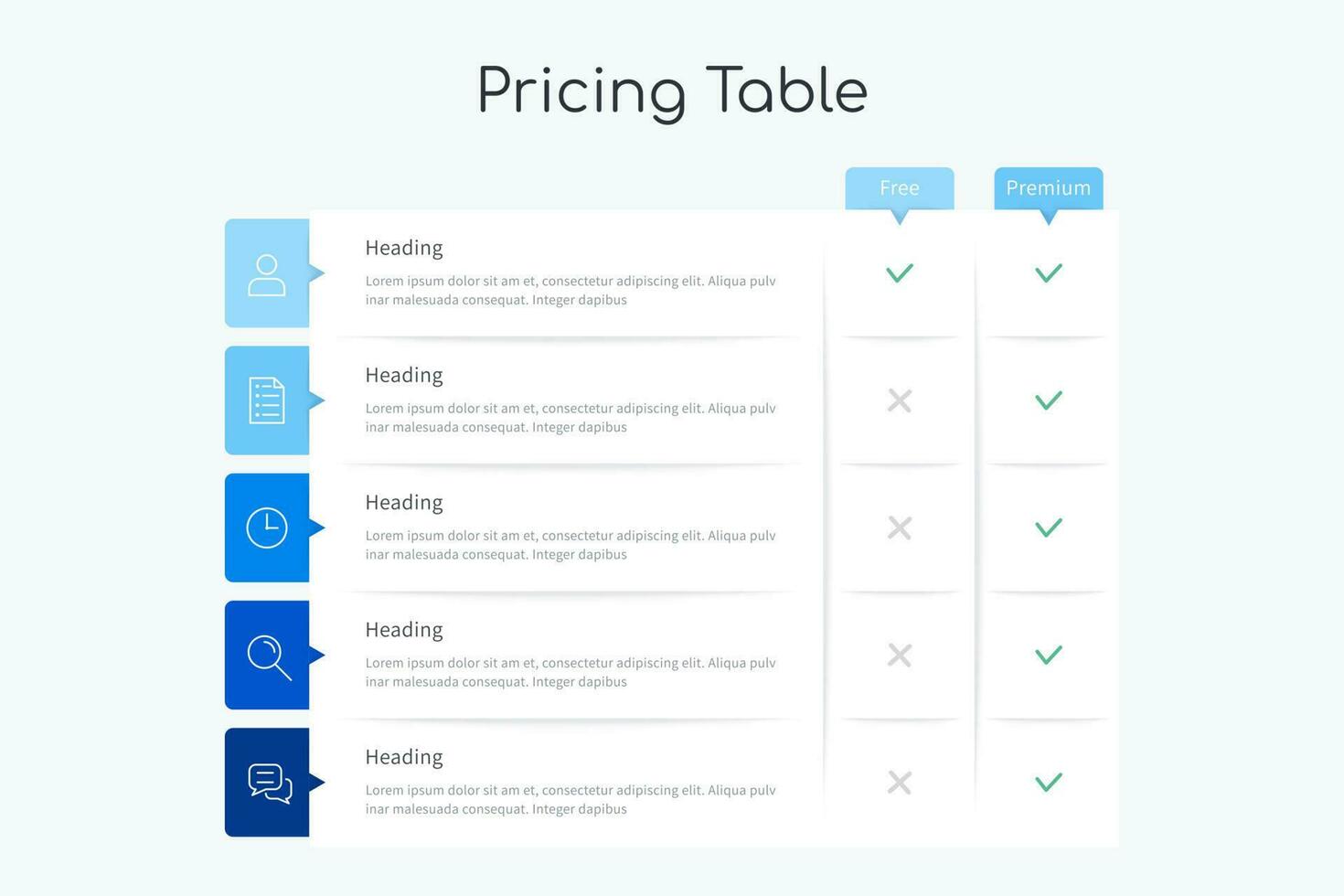 prijzen tafel infographic ontwerp met Kenmerken optie vector