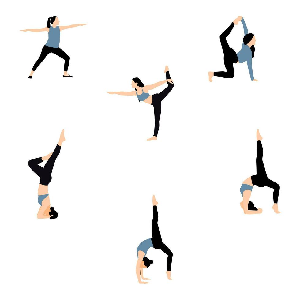 reeks van yoga poseert. de meisje doet asana's, gymnastiek. actief werkzaamheid voor Gezondheid, flexibiliteit, evenwicht. vector grafiek.