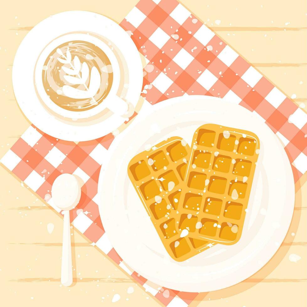 belgisch wafels en koffie kop vector illustratie in vlak tekenfilm stijl. top visie. ontbijt vector