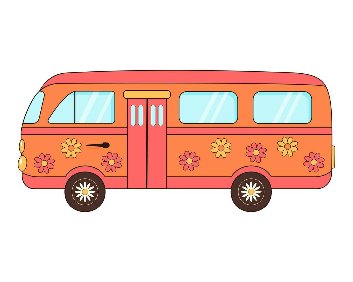 hippie wijnoogst bus met bloemen. groovy retro hippie reizen bestelwagen. liefde, vrede, reis, avontuur, hippie cultuur concept. vector