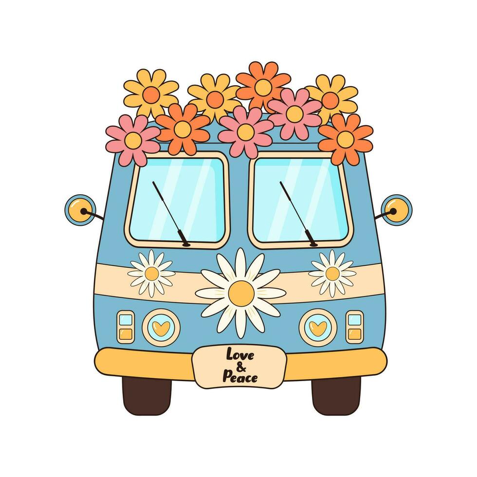 hippie wijnoogst bus met bloemen. groovy retro hippie reizen bestelwagen. liefde, vrede, reis, avontuur, hippie cultuur concept. vector