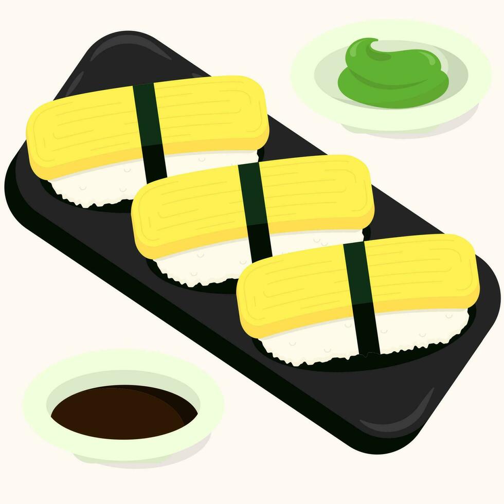Japans nigiri sushi met ei of tamagoyaki. geïsoleerd voedsel illustratie vector