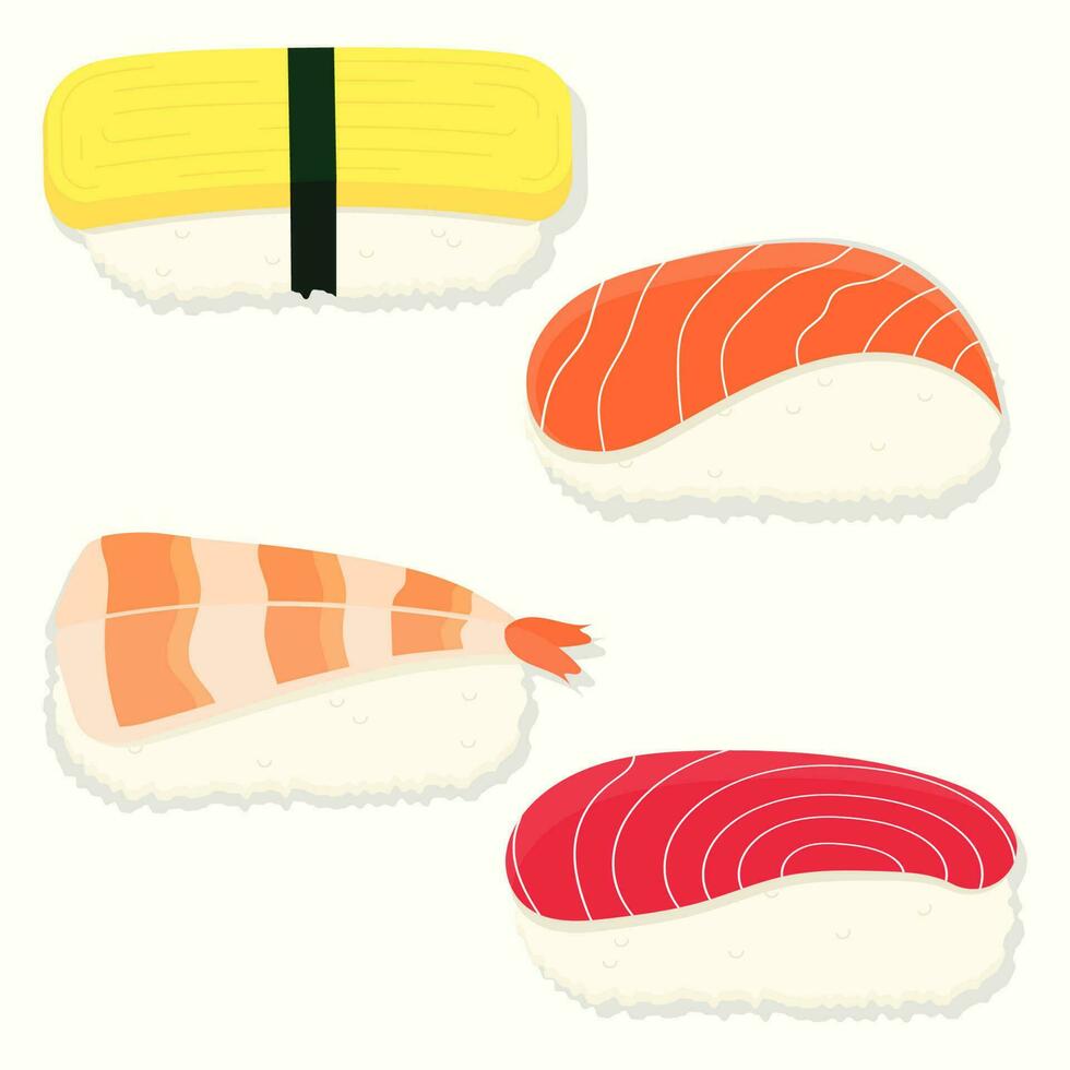 vlak ontwerp illustratie van Japans nigiri sushi reeks verzameling. geïsoleerd voedsel illustratie vector