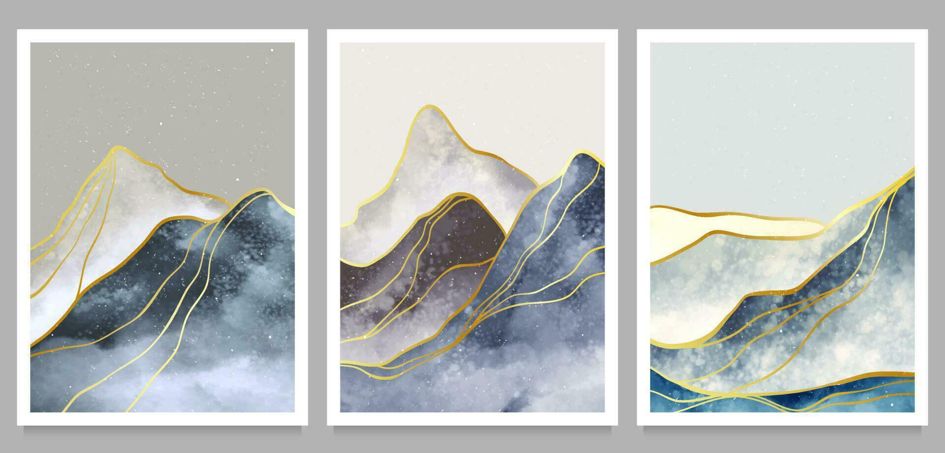 reeks van natuurlijk abstract berg landschap en gouden lijn kunst patroon. abstract hedendaags esthetisch achtergronden landschappen. met bergen, heuvel, landschap. vector illustraties