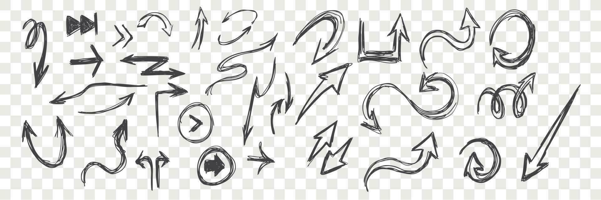 tekening pijlen schetsen set. hand- getrokken zwart, gebogen kattebelletje pijl. ronde, gedraaid navigatie symbool. verspreide geregisseerd pijlpunt, beweging inhoudsopgave lineair pictogrammen Aan geruit achtergrond. vector