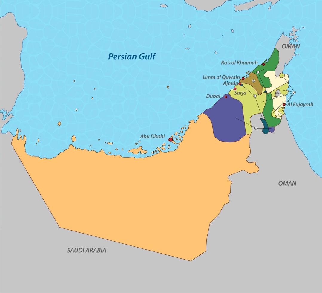 kaart van arabische emiraten met staten vector