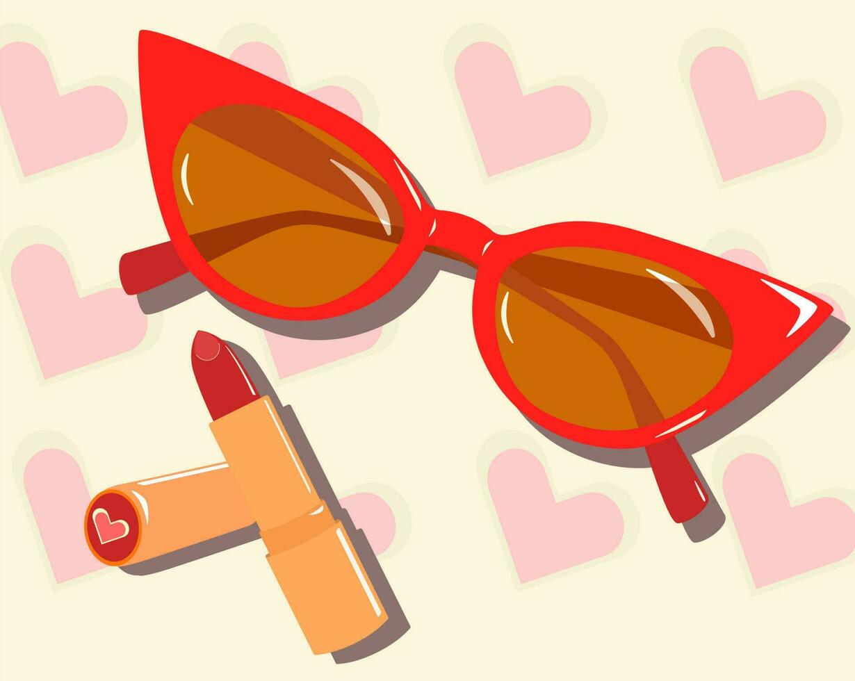 mode pin, rood zonnebril, helder lippenstift, achtergrond van harten, luxe en elegant vector