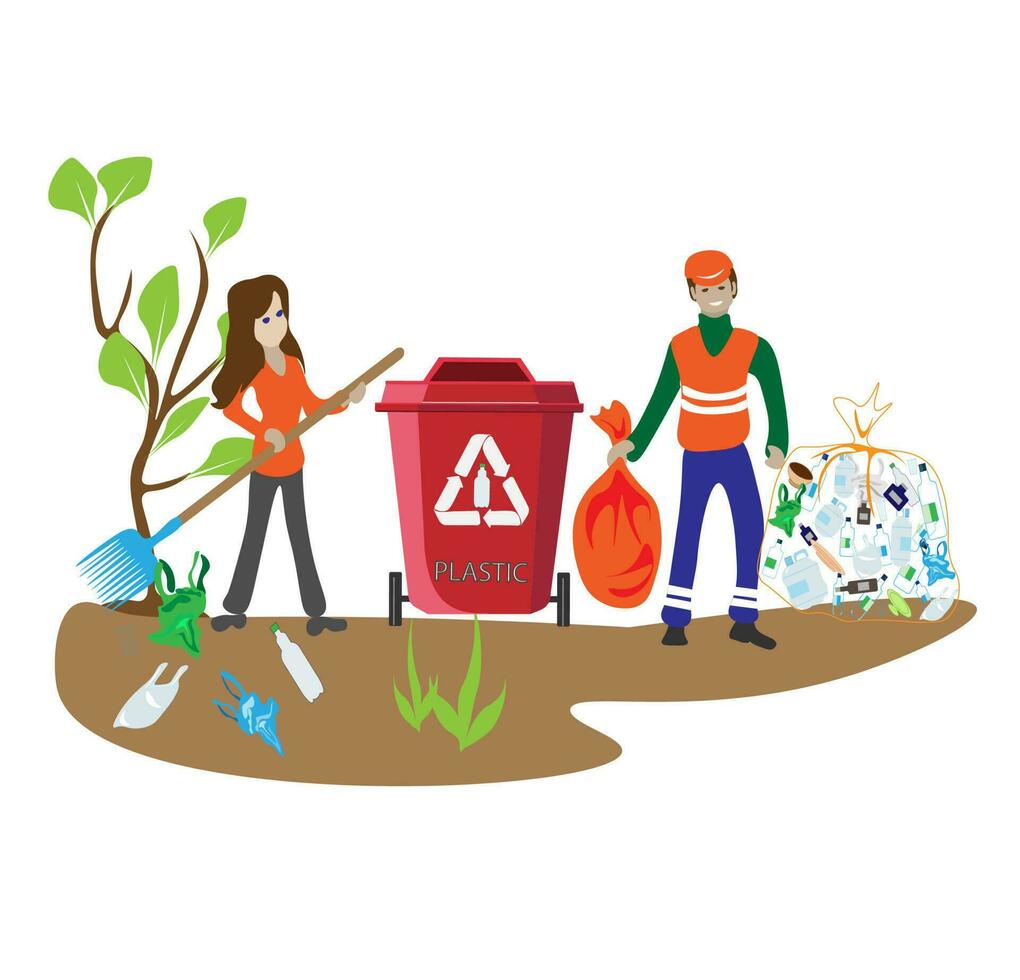 eco vriendelijk mensen vuilnis verzamelaar.man met afval.mensen soort vuilnis door type in containers voor recyclen. ecologie concept. vlak vector illustratie. zorg vuilnis scheiding mensen sorteren.