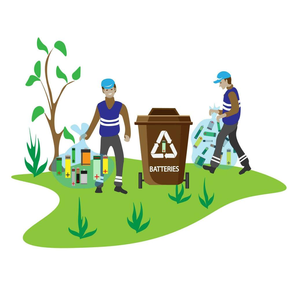 eco vriendelijk mensen vuilnis verzamelaar.man met afval.mensen soort vuilnis door type in containers voor recyclen. ecologie concept. vlak vector illustratie. zorg vuilnis scheiding mensen sorteren.