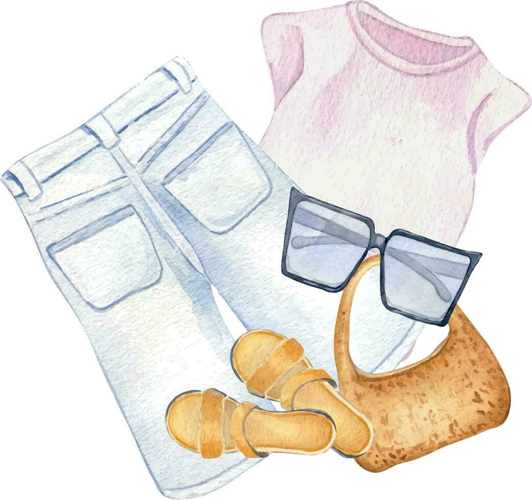 samenstelling van t-shirt, korte broek, tas, schoenen, zonnebril waterverf illustratie geïsoleerd Aan wit. vrouw zomer kleding hand- getrokken. ontwerp voor winkel, uitverkoop, tijdschrift, verpakking, vitrine, patroon vector