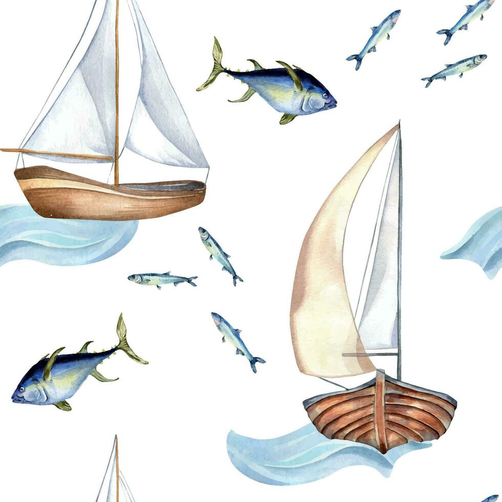naadloos patroon van het zeilen schip wijnoogst stijl waterverf illustratie geïsoleerd Aan wit. zeilboot, vaartuig Aan golven, afstemmen, vis hand- getrokken. kinderachtig ontwerp element, behang, gedrukt producten vector