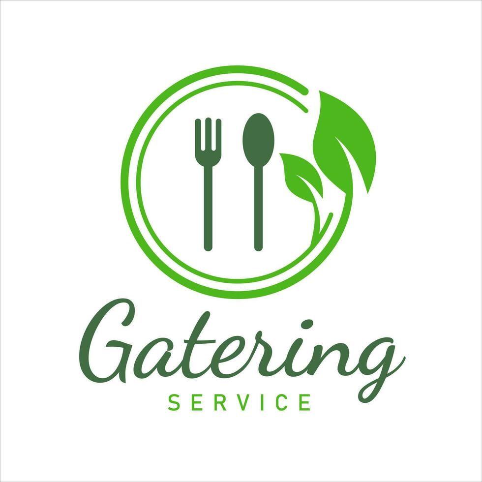 catering logo ontwerp sjabloon met vork lepel, gezond voedsel bord vector