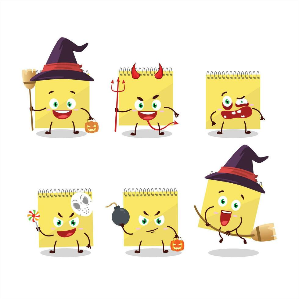 halloween uitdrukking emoticons met tekenfilm karakter van spiraal plein geel notebooks vector