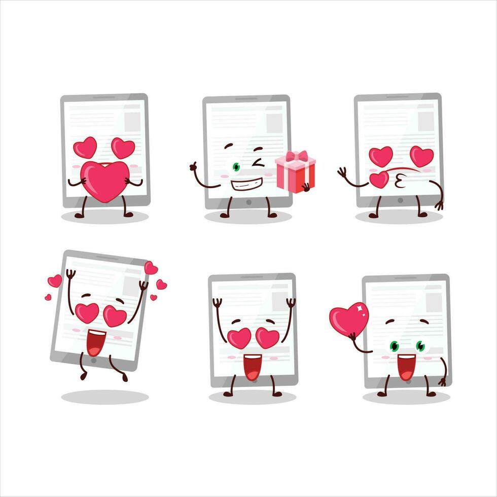 nieuws in tablet tekenfilm karakter met liefde schattig emoticon vector