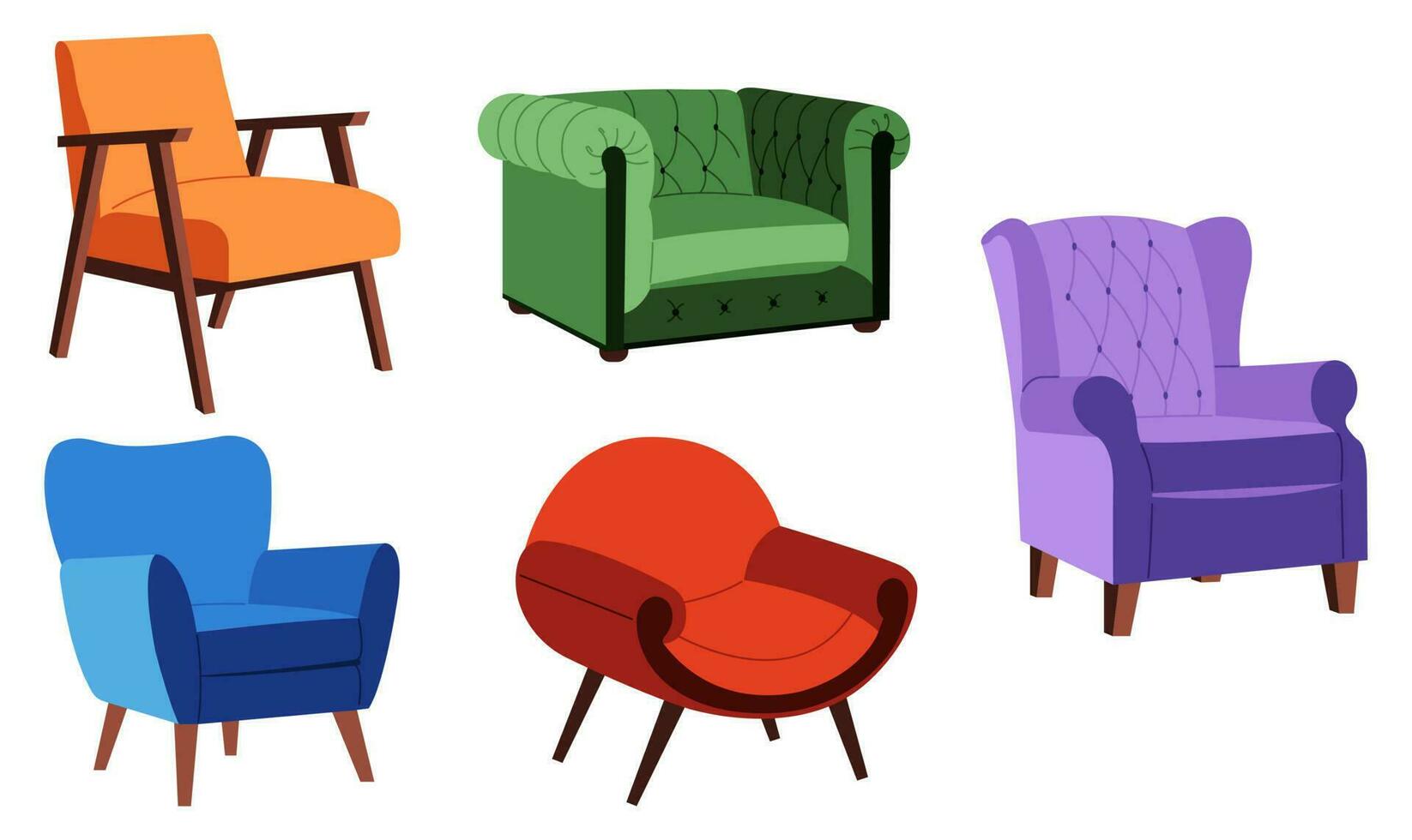 reeks van verschillend comfortabel fauteuils met bekleding. modern meubilair voor knus huis interieur ontwerp. vlak vector illustratie.