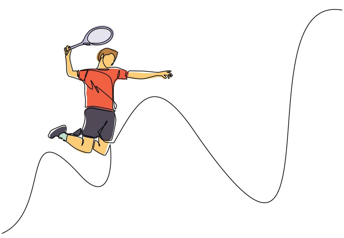 continu één lijntekening jonge behendige man tennisser springt en slaat de bal. professionele tennistoernooi. sport oefening gezond concept. enkele lijn tekenen ontwerp vector grafische afbeelding