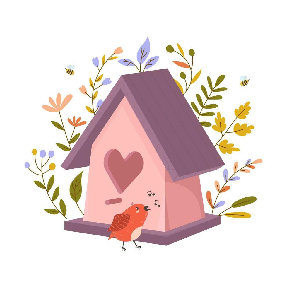 houten kleurrijk vogelhuisje met klein vogels. huis voor gevederde dieren. voorjaar tijd voor nestelen. sier- bladeren en bloemen Aan een geïsoleerd wit achtergrond. voorraad vector illustratie.