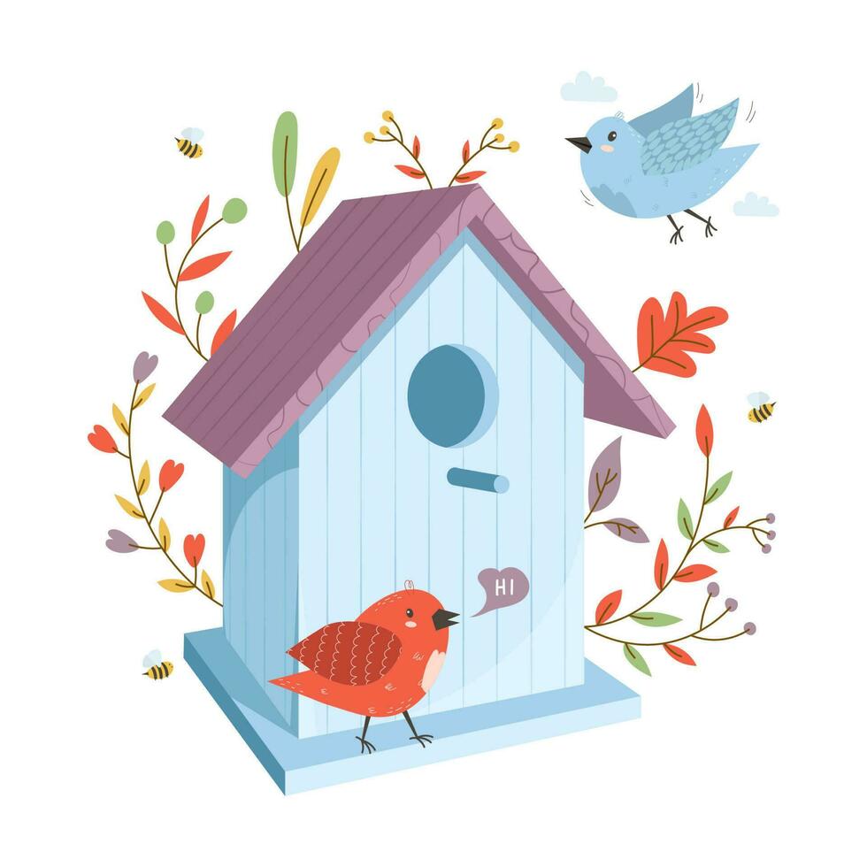 houten kleurrijk vogelhuisje met klein vogels. huis voor gevederde dieren. voorjaar tijd voor nestelen. sier- bladeren en bloemen Aan een geïsoleerd wit achtergrond. voorraad vector illustratie.