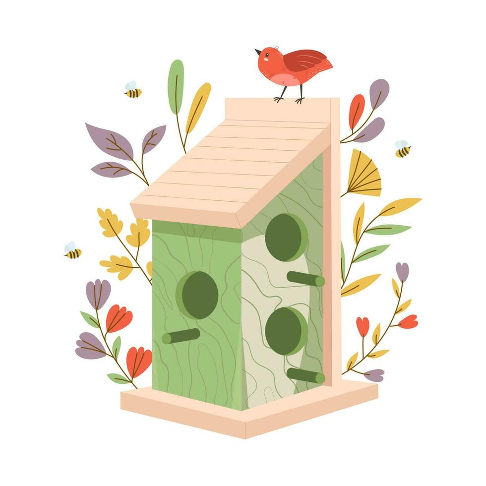 houten vogelhuisjes met bladeren en bloemen, kleurrijk vogel voeders in verschillend ontwerpen. vogelhuisjes, huis of nest met ronde, gebogen of hart gaten zoet huizen. tekenfilm vector voorraad illustratie.